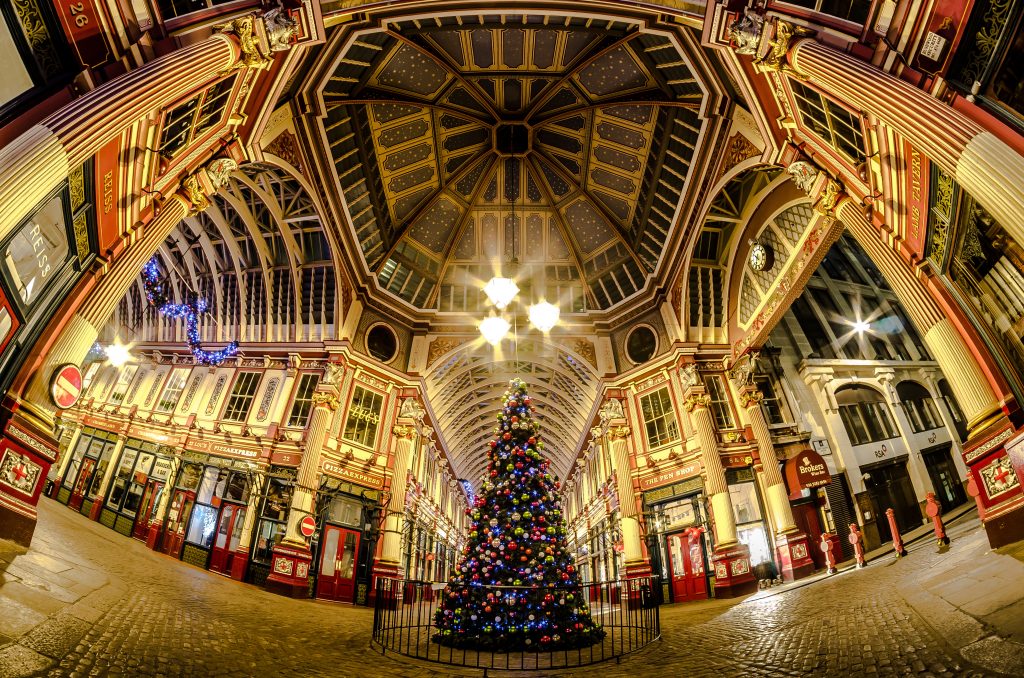 [UNVERIFIED CONTENT] leadenhall market London city architecture night photography fish eye. Christmas tree colour