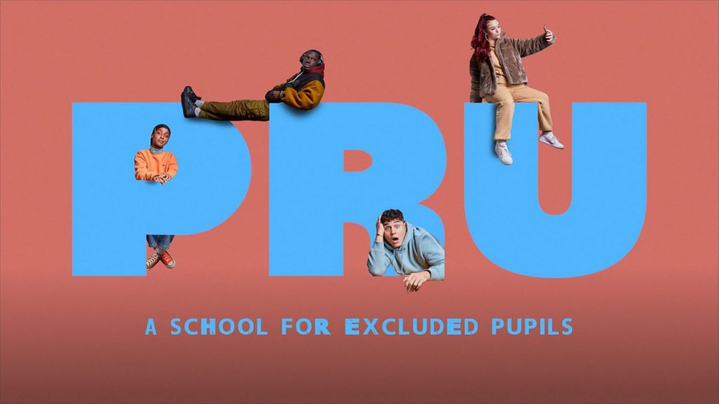 BBC Three's comedy PRU press shot of the word PRU in large letters with three young people photoshopped on top of each letter. Below reads the words 'a school for excluded pupils'