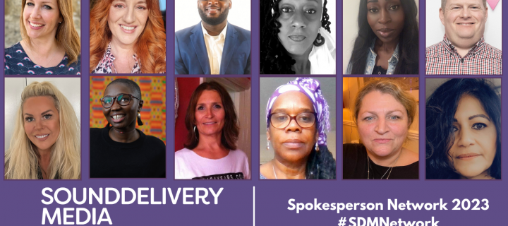 purple graphic of 12 headshots of 10 women and 2 men. Below reads Souddelivery Media Spokesperson Network 2023 #SDMNetwork